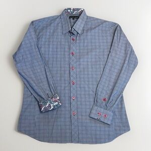 Jared Lang Men’s Button Down Blue Plaid Paisley Contrast Trim Red Buttons sz L